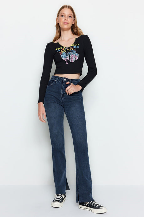 Blue Slit High Waist Flare Jeans Twoaw22je0382