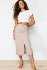 Beige Striped Slit Detailed A-line Midi Length Woven Skirt Twoss24et00100