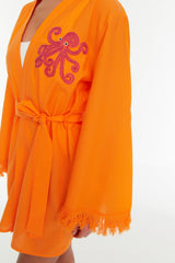 Orange Embroidery Detailed Beach Kimono&beach Kaftan Tbess22km0045