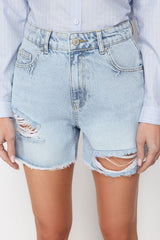 Blue Ripped High Waist Denim Shorts Twoss24sr00132