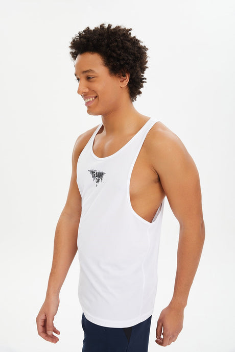 Men's White Thin Airborne Fabric Sleeveless Printed Zero Sleeve Weightlifting Sports Casual Athlete