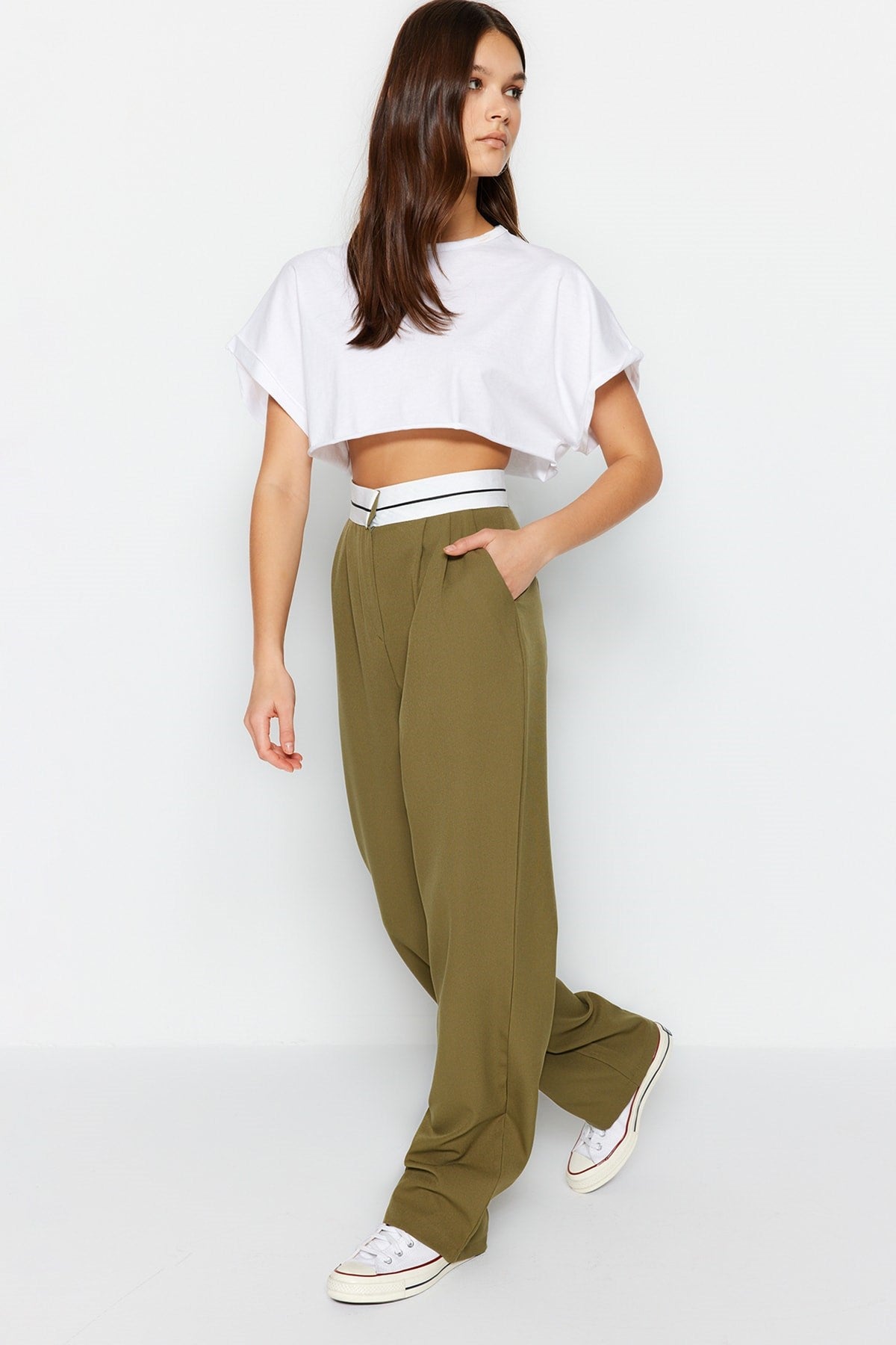 Khaki Wide Leg High Waist Belt Detailed Woven Pants Twoss23pl00150