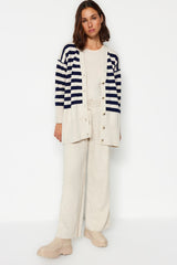 Beige Button Detailed Jacquard Striped Cardigan Pants Knitwear Bottom-top Suit Tctaw24us00054