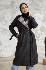 Eleta Double-breasted Collar Plaid Trench Coat - Black Ms0in1001