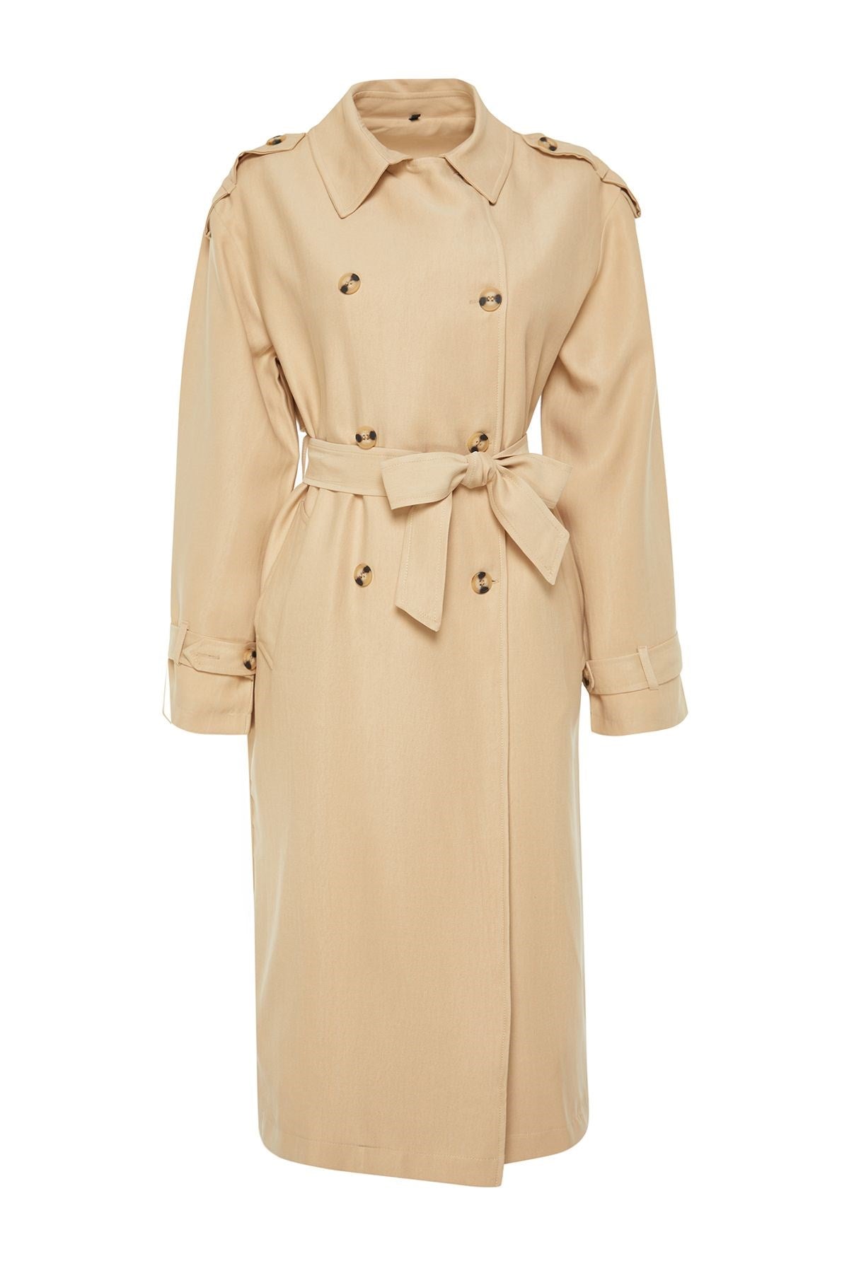 Beige Oversize Wide Cut Soft Textured Belted Long Trench Coat Twoss24tr00026