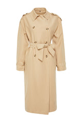 Beige Oversize Wide Cut Soft Textured Belted Long Trench Coat Twoss24tr00026