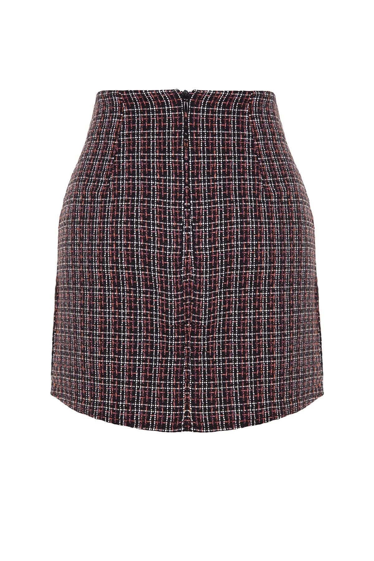 Brown Tweed Fabric Pocket And Button Detail Plaid Pattern Mini Woven Skirt Twoaw24et00220