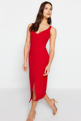 Red Belted Body-fitting Slit Detailed Midi Woven Dress Twoss23el02262