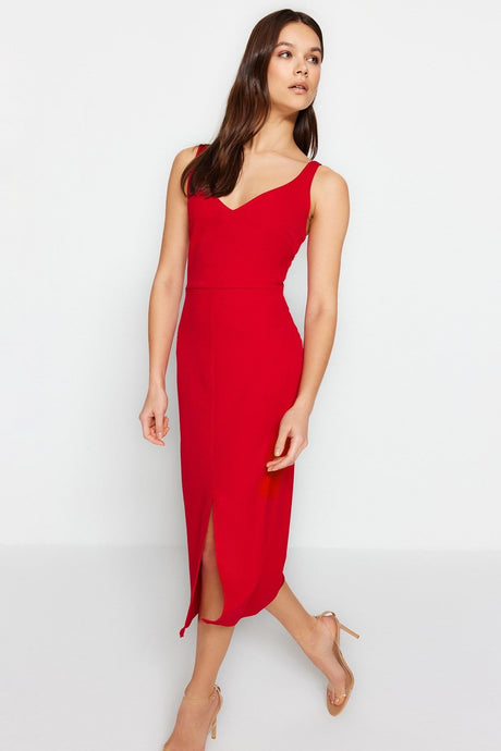 Red Belted Body-fitting Slit Detailed Midi Woven Dress Twoss23el02262