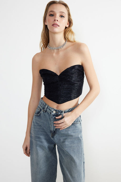 Navy Blue Crop Knitted Glitter Bustier Tprss24bs00004