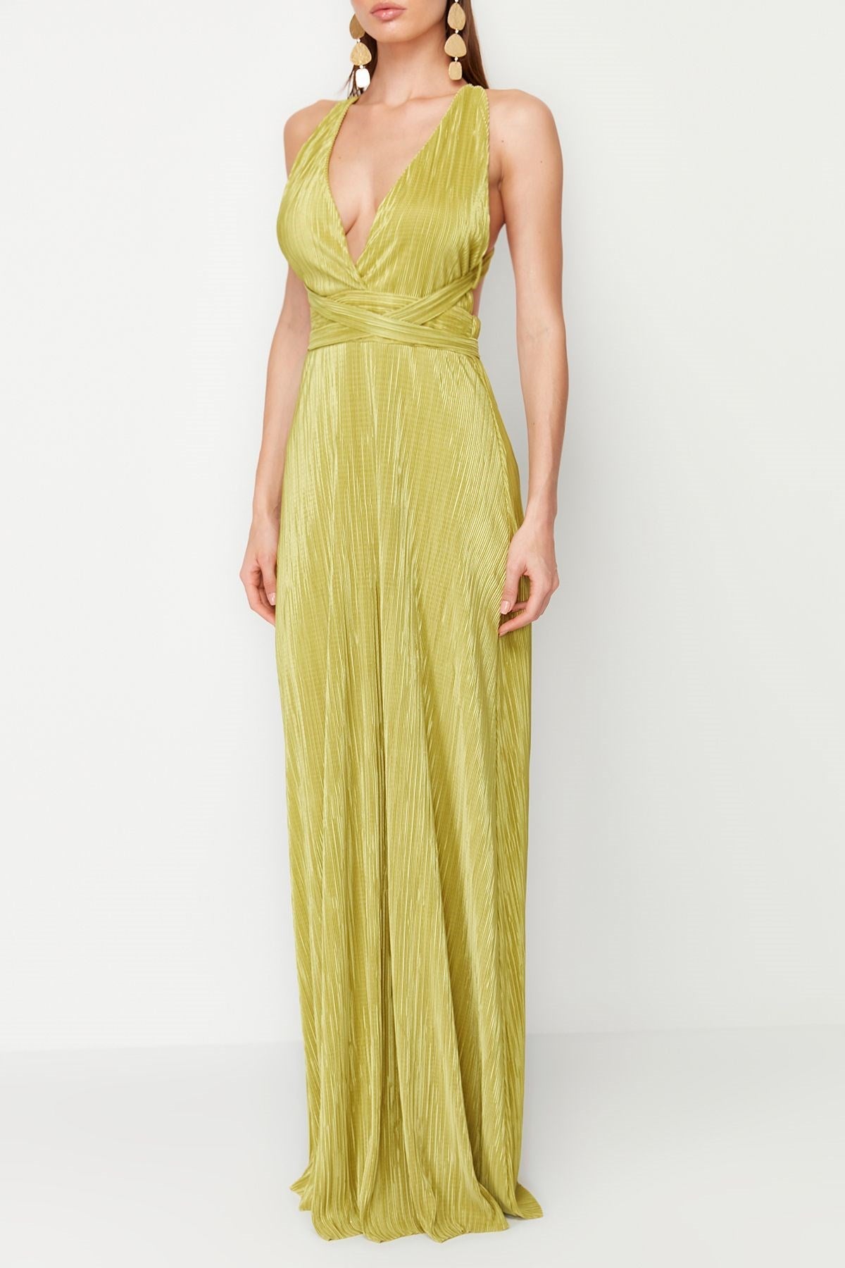 Oil Green Pleated Belt Detailed Knitted Long Night Evening Dress Tprss24ae00020