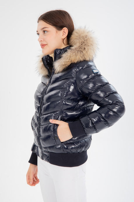 Women's Short Removable Fur Hooded Padded Water Repellent Inflatable Coat 8637 Gfx8637