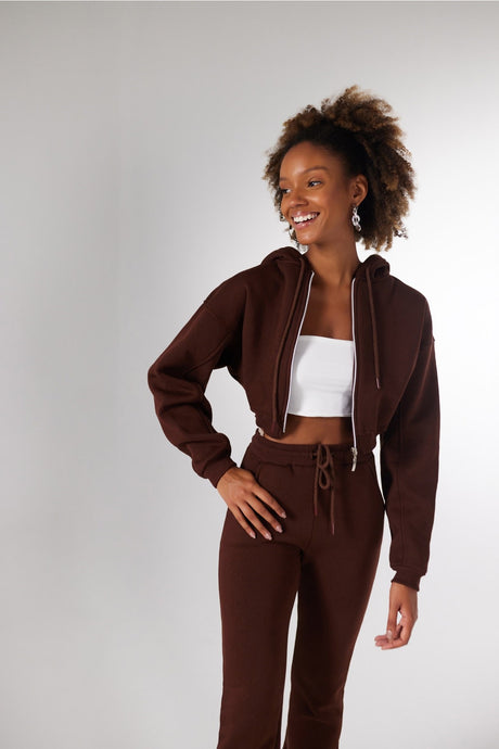 Women's Brown Hooded Long Sleeve Zipper Crop Mixed Sweat Hlmixedsweat