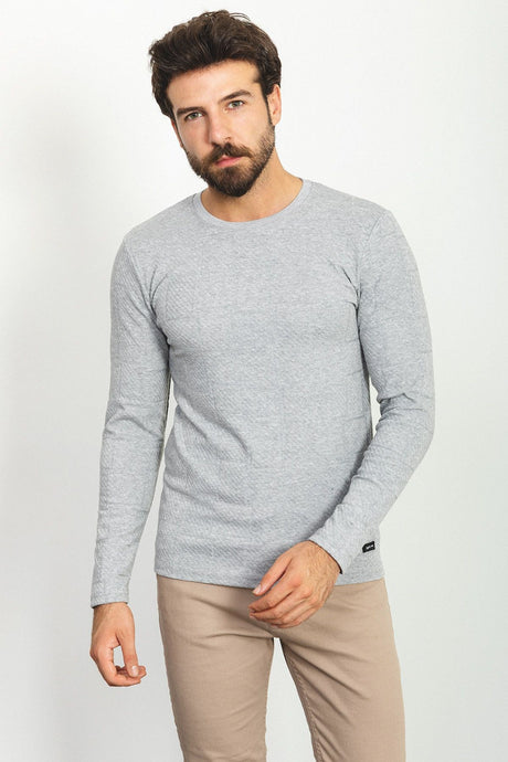 Patterned Grey Color Slim Fit Crew Neck Long Sleeve Men's T-shirt 36756.22k