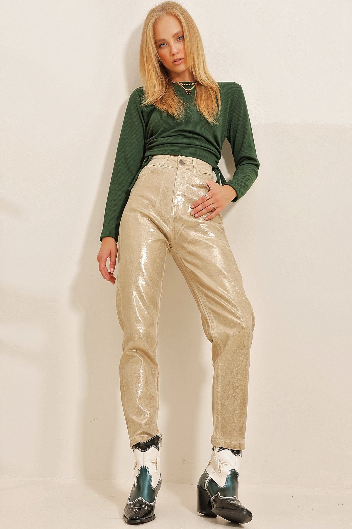 Women's Gold Gold Plastering Mom Jeans Pants Alc-x10862