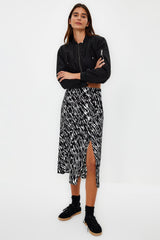 Black Slit Detailed Viscose Fabric Animal Print Midi Woven Skirt Twoaw22et0447