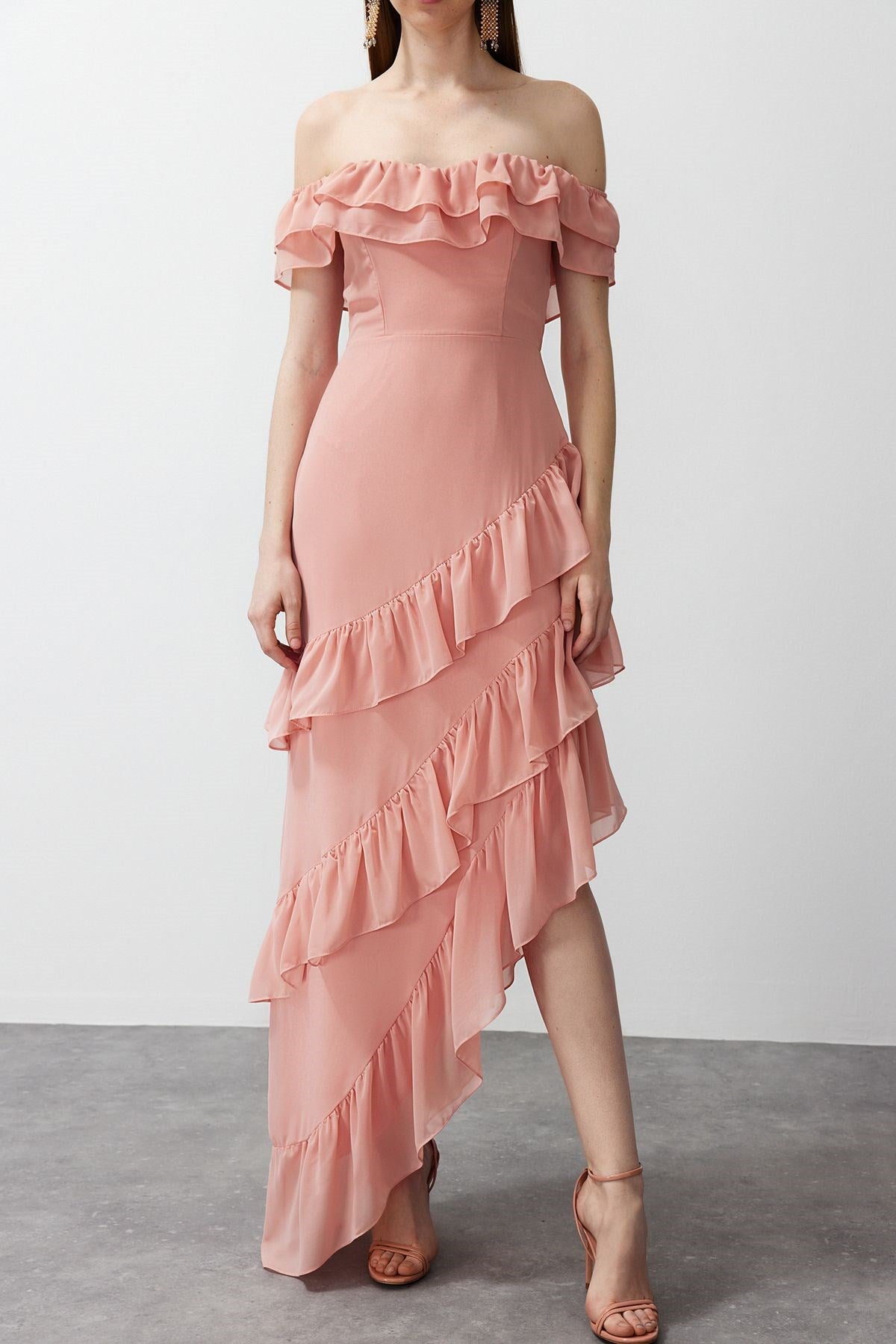 Dusty Rose Ruffle Chiffon Long Night Evening Dress Tprss24ae00092