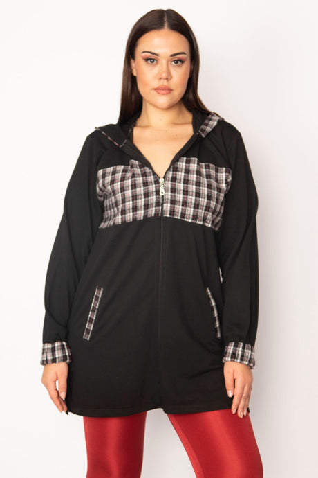 Women's Plus Size Black Plaid Pattern Detailed Hooded Coat 65n29568 65n29568