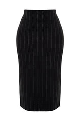 Black Body Fitting Woven Shiny Stone Skirt Tprss24et00002