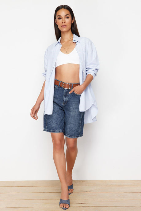 Dark Blue More Sustainable High Waist Denim Shorts & Bermuda Twoss24sr00177