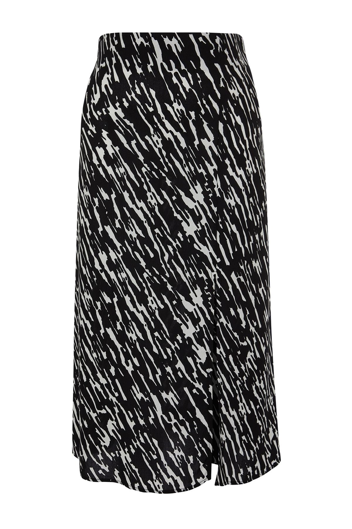 Black Slit Detailed Viscose Fabric Animal Print Midi Woven Skirt Twoaw22et0447