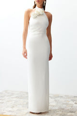 Bridal White Rose Detailed Elegant Evening Dress Tprss24ae00011