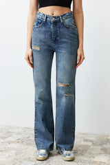 Blue More Sustainable Ripped High Waist Wide Leg Jeans Twoss24je00198