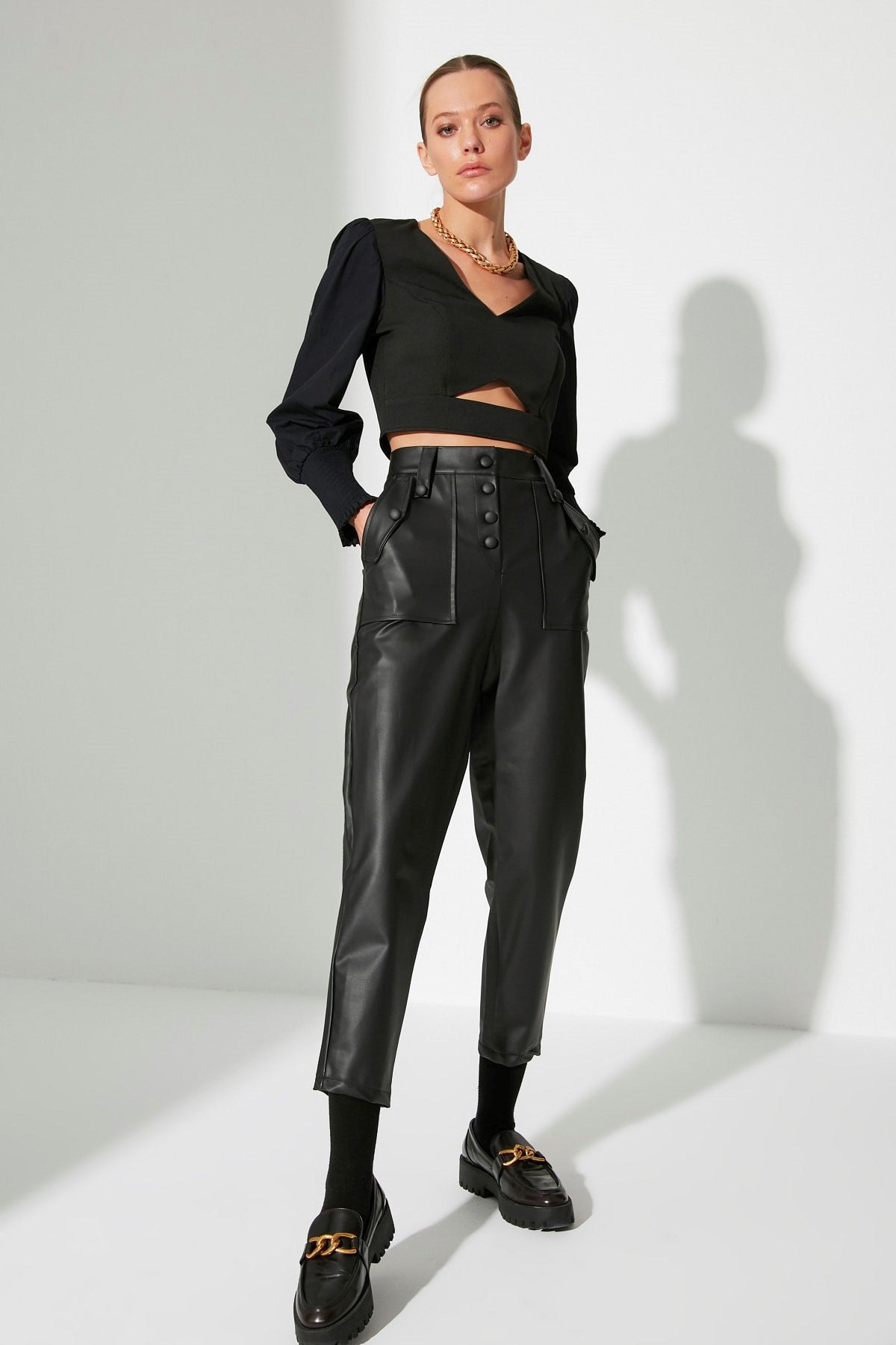 Black Carrot Woven Front Button Faux Leather Pants Twoaw22pl0083