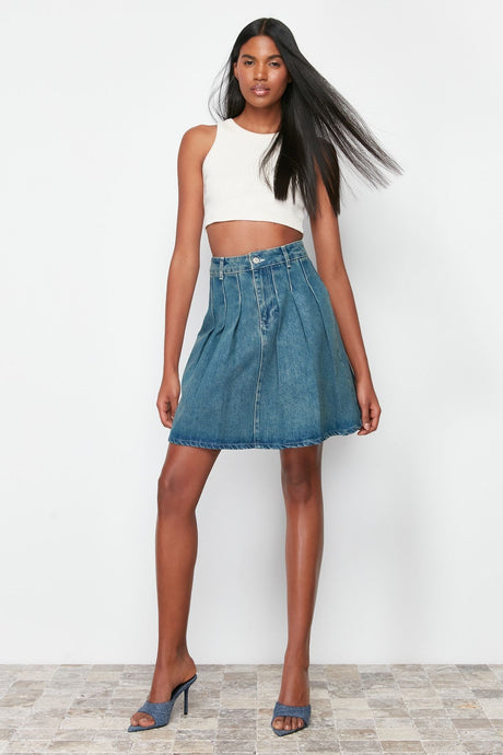 Blue Pleated Denim Skirt Twoss24et00200