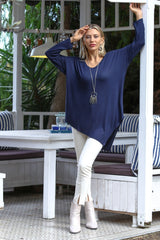 Navy Blue V Neck Long Sleeve Knitted Asymmetric Casual Blouse M10010200bl92824