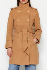 Camel Belted Gold Button Detailed Cashmere Coat Twoaw24kb00006