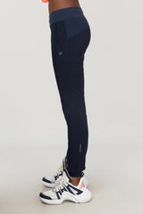 Women's Navy Blue High Waist Ribbed Rubber Leg Seasonal Pockets Flexible Sports And Casual Tracksuit