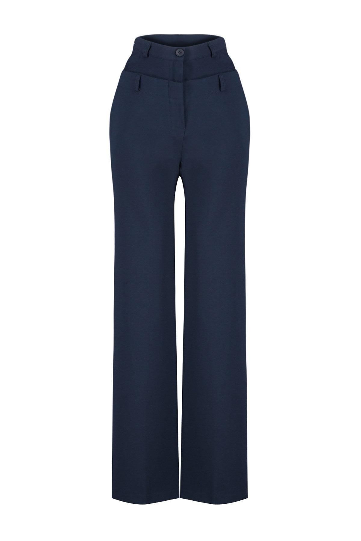 Navy Blue Straight/straight Cut Polyviscose Waist Detailed Woven Pants Twoss24pl00078