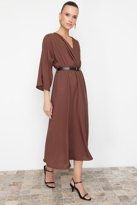 Brown Belted A-line Double Neck Aerobin Midi Woven Dress Twoss24el00992