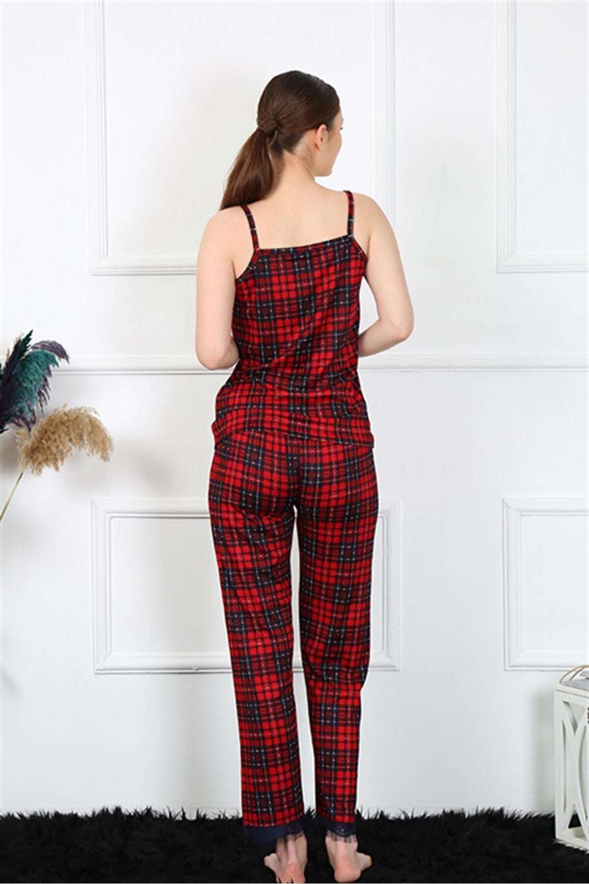 Women's Red Plaid Pajama Suit With Rope Strap 4135