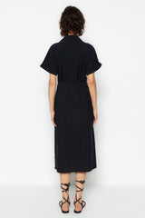 Black Belted Midi Linen Look Woven Shirt Dress Twoss23el02400