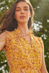 Yellow Floral Print A Cut Midi Lined Chiffon Woven Dress Twoss23el01840