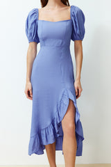 Blue Skirt Ruffle Balloon Sleeve Midi Woven Dress Twoss24el00522