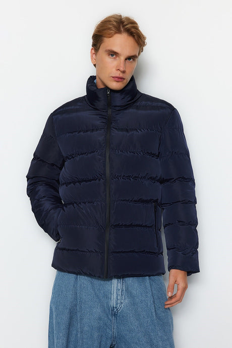 Navy Blue Men's Regular Fit Windproof Inflatable Winter Coat Tmnaw23mo00096