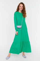 Green Ruffle Detailed Crew Neck Knitted Dress Tctss22el00000