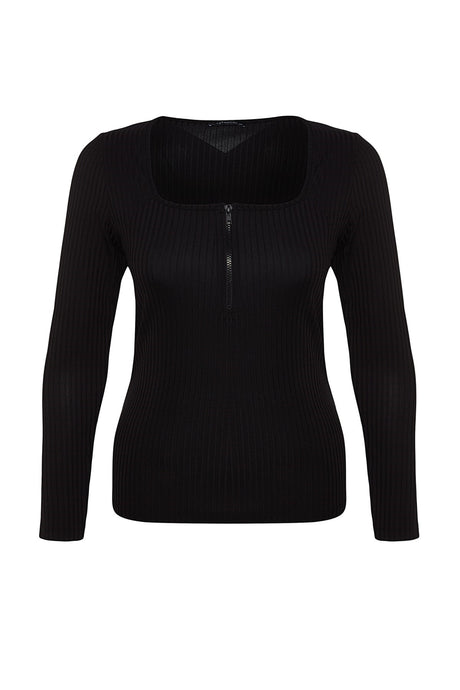 Black Square Collar Zipper Knitted Blouse Tbbss22af0027