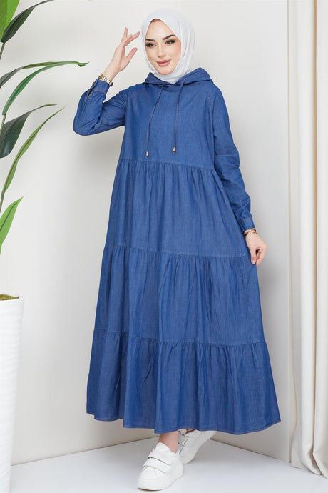 Hooded Detailed Denim Dress Dark Blue 2096