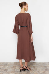 Brown Belted A-line Double Neck Aerobin Midi Woven Dress Twoss24el00992