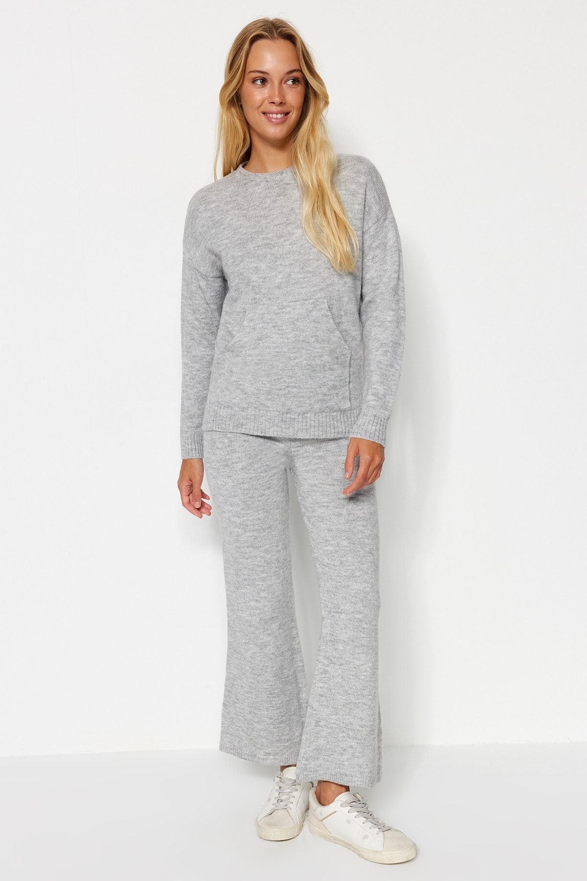 Grey Soft Textured Basic Knitwear Bottom-top Suit Twoaw24au00100