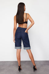 Dark Blue Leg Pleated Denim Shorts & Bermuda Twoss24sr00162