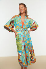 Tropical Pattern Belted Maxi Woven 100% Cotton Kimono&kaftan Tbess22km0042