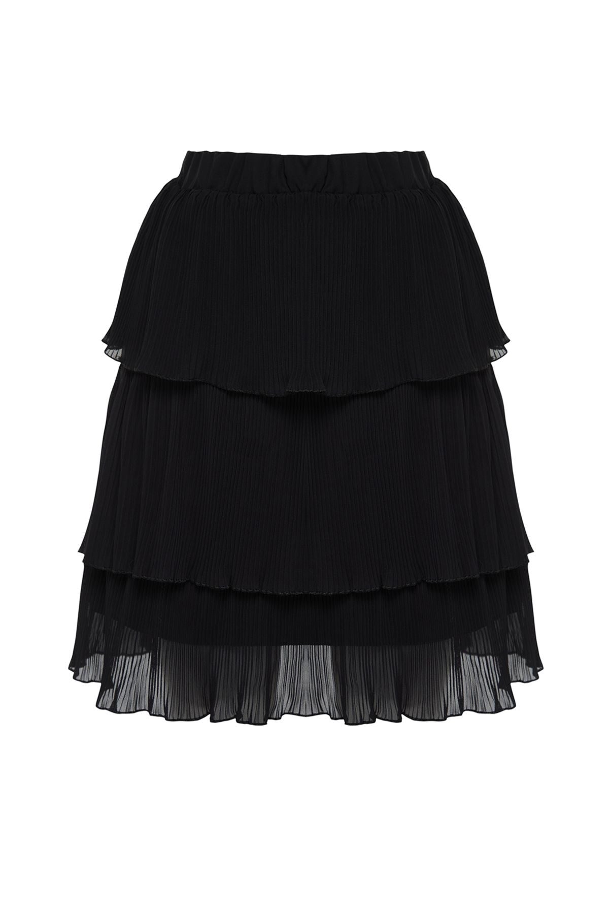 Black Pleated Skirt Ruffle Chiffon Mini Woven Skirt Twoss24et00047