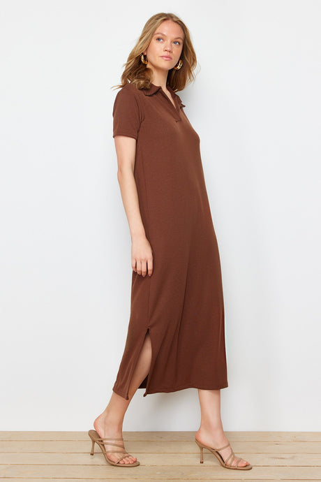 Brown Polo Neck Shift/nromal Cut Midi Knit Dress Twoss24el01012