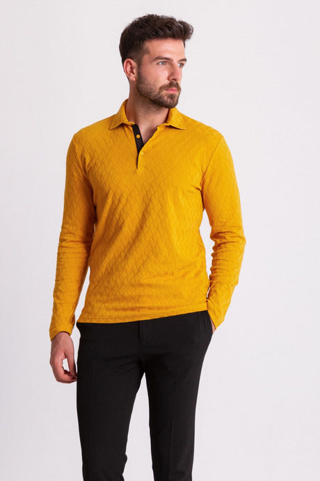 Patterned Yellow Color Slim Fit Long Sleeve Polo Neck Men T-shirt 36665.21k