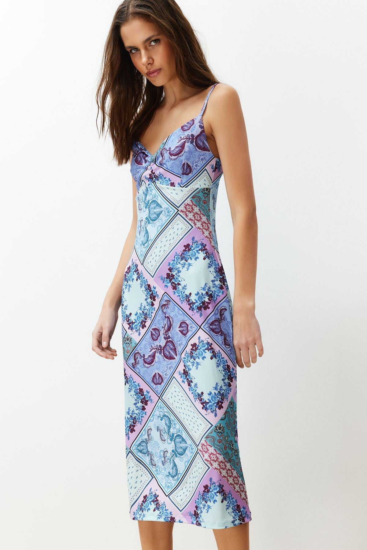 Blue Strappy Printed A Cut/bell Form Flexible Knitted Midi Pencil Dress Twoss24el00579